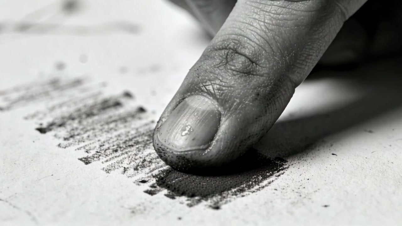 Approaching single index finger pressing and rubbing hatch marks on white paper, blending charcoal