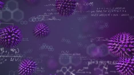 Animation-of-Covid-19-macro-cells-over-formulas-in-a-purple-background