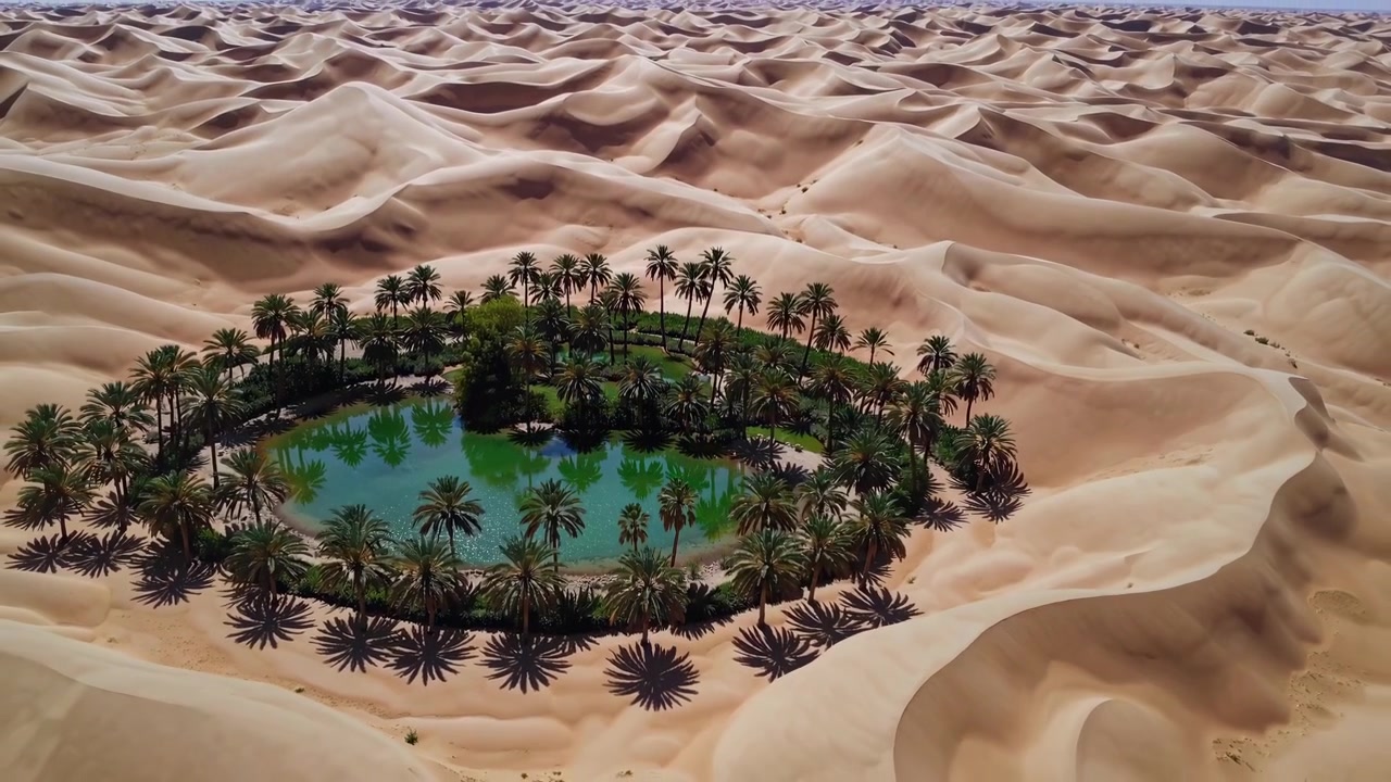 Vista aerea di un’oasi nel deserto con palme e acqua blu
