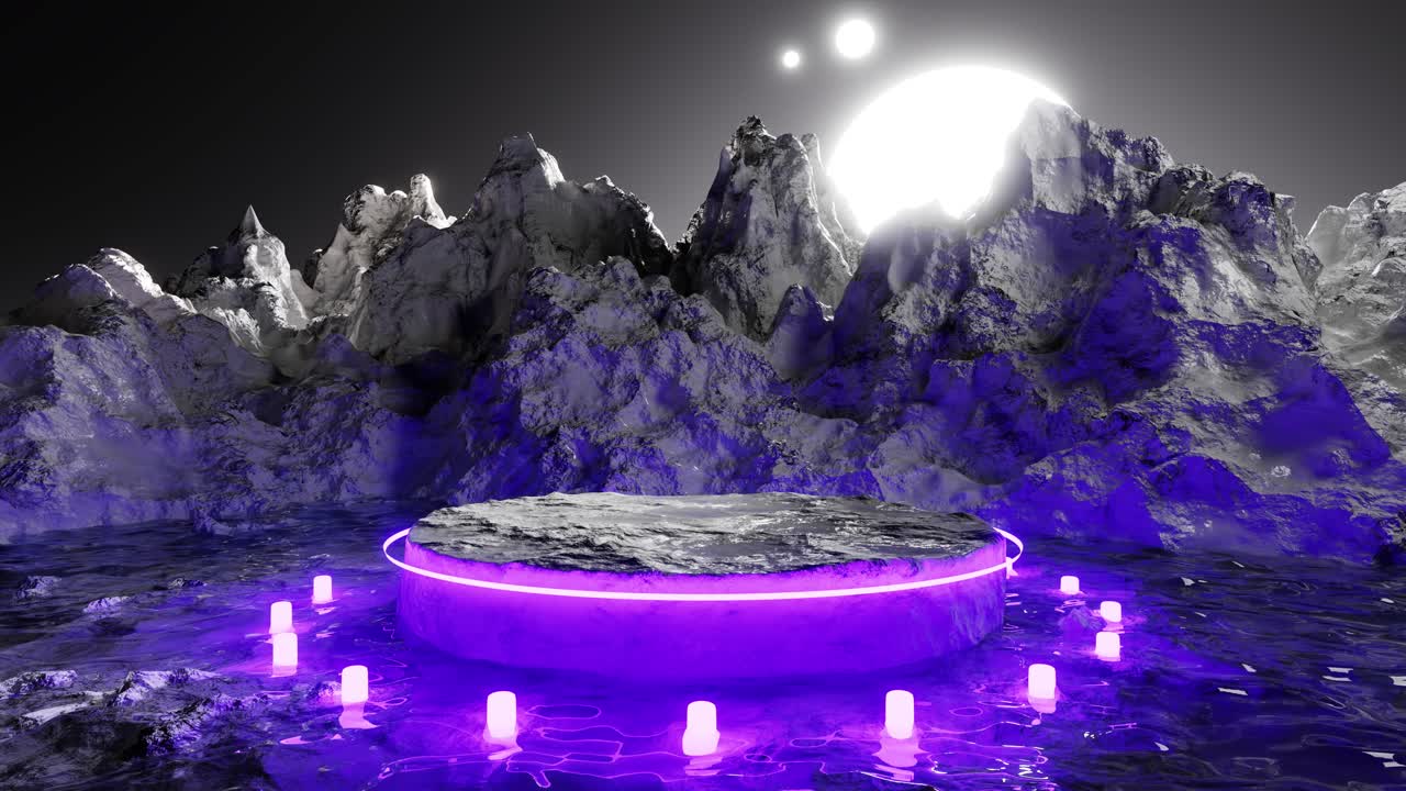 3D render of mountain and lit fountain at night sky with glowing moon