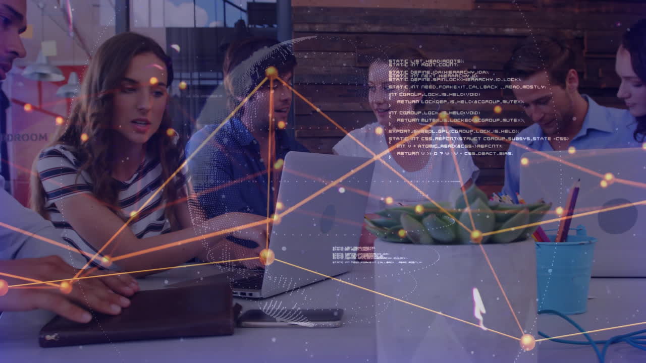 animación de la red de conexiones a través de diversas personas de negocios que utilizan computadora portátil en la oficina