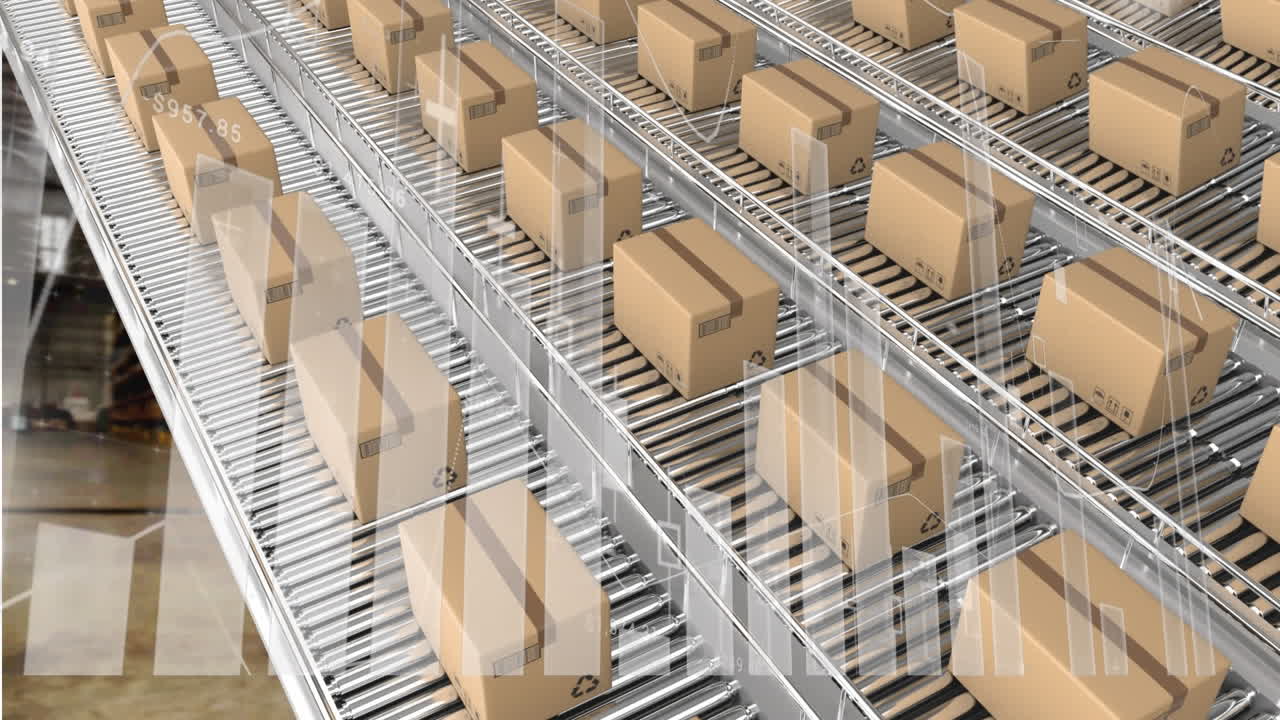 배경에서 컨베이어 벨트에 있는 카드보드 상자 위에서 통계 처리의 애니메이션