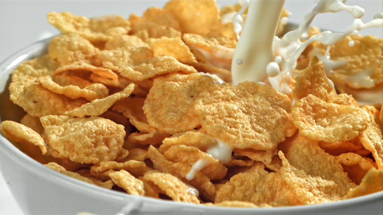 Milch gießt in Zeitlupe in eine Schüssel Cornflakes