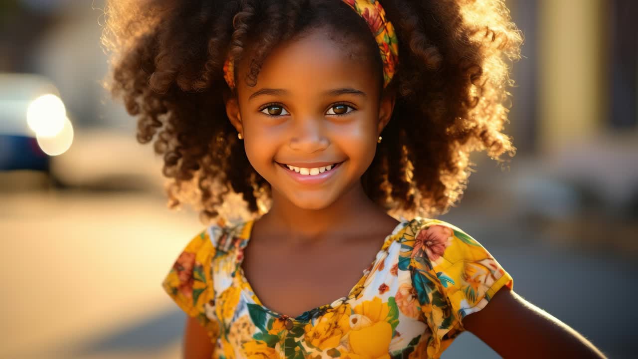 Adorable young girl wearing floral dress and headband, smiling brightly outdoors, showcasing her beautiful curly hair and joyful expression in a sunny setting