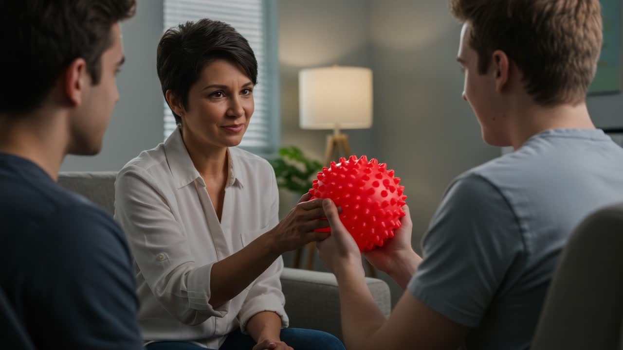Engaging Interaction: A Woman Facilitating a Meaningful Session with Two Young Adults, Highlighting Connection through a Simple Red Ball