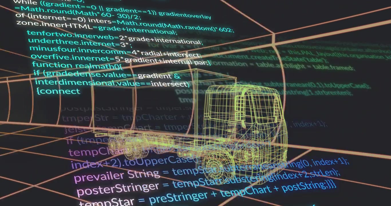 Multicolored code fading in, scrolling around 3D semitrailer truck inside tunnel showing code flow