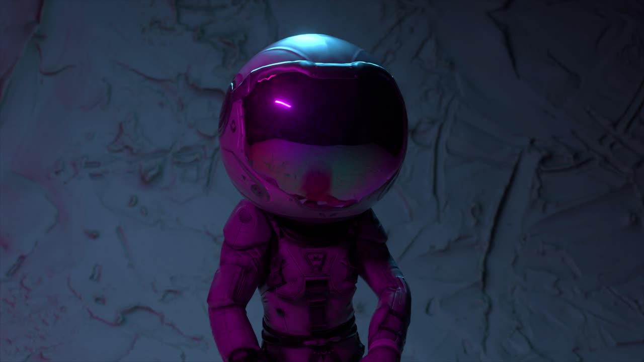 Animert astronaut gående i et neonrommiljø