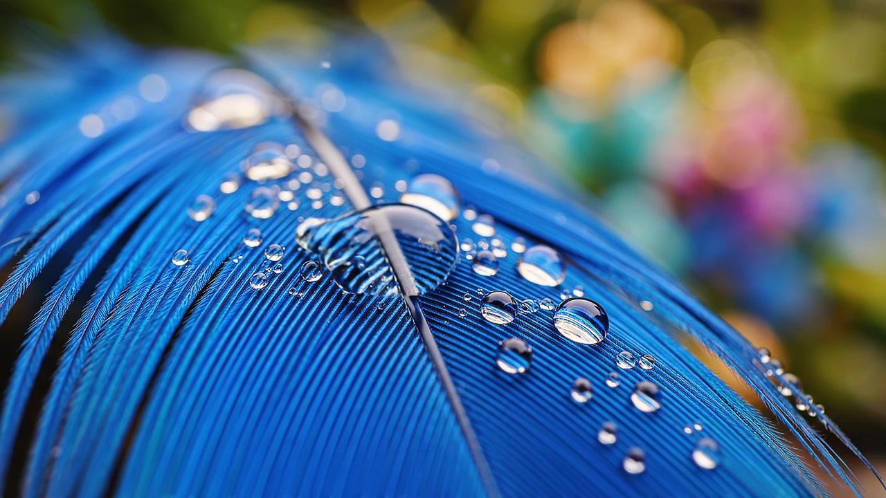 Primo piano macro di goccioline d'acqua su una piuma blu vibrante