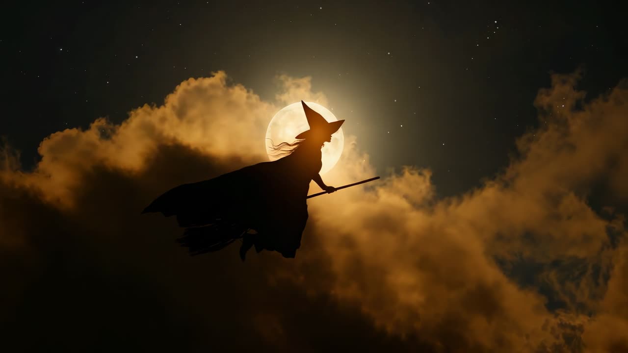 Strega emergente che scivola nel cielo notturno di fronte alla luna piena, con manico di scopa e cappello a punta