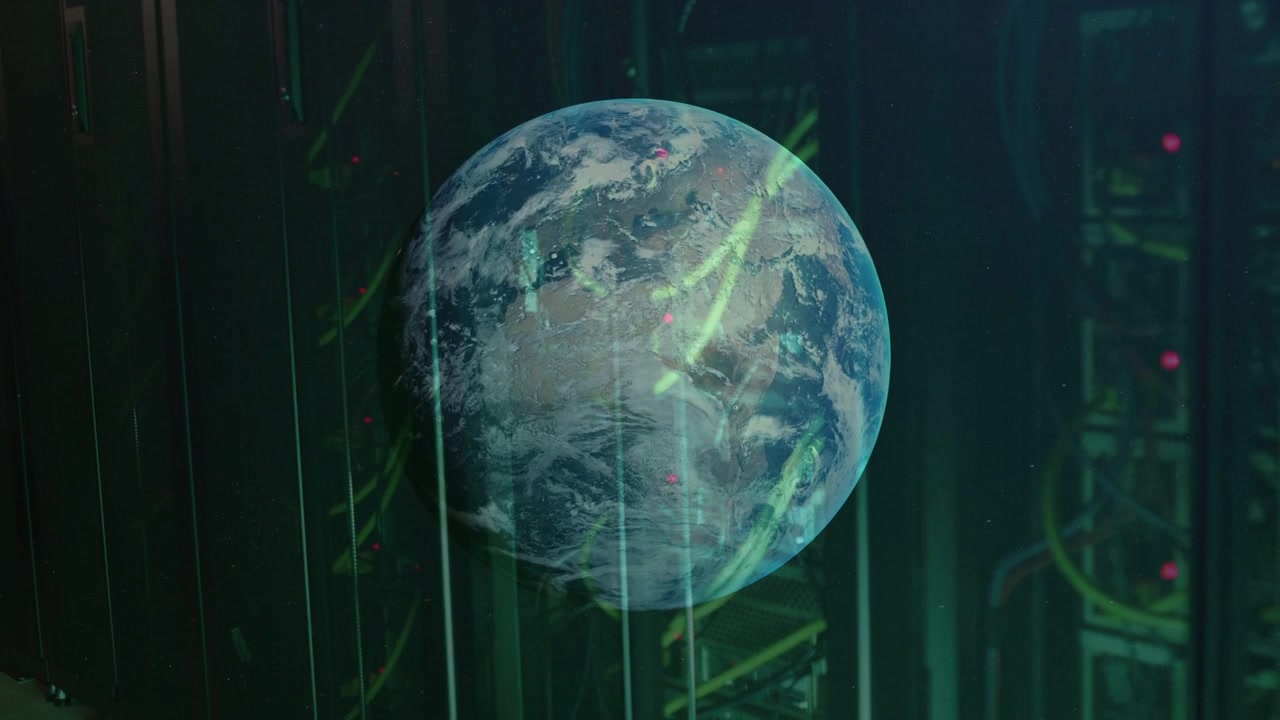 Hologram globe appearing in data center, driving green routes and red nodes blinking for monitoring