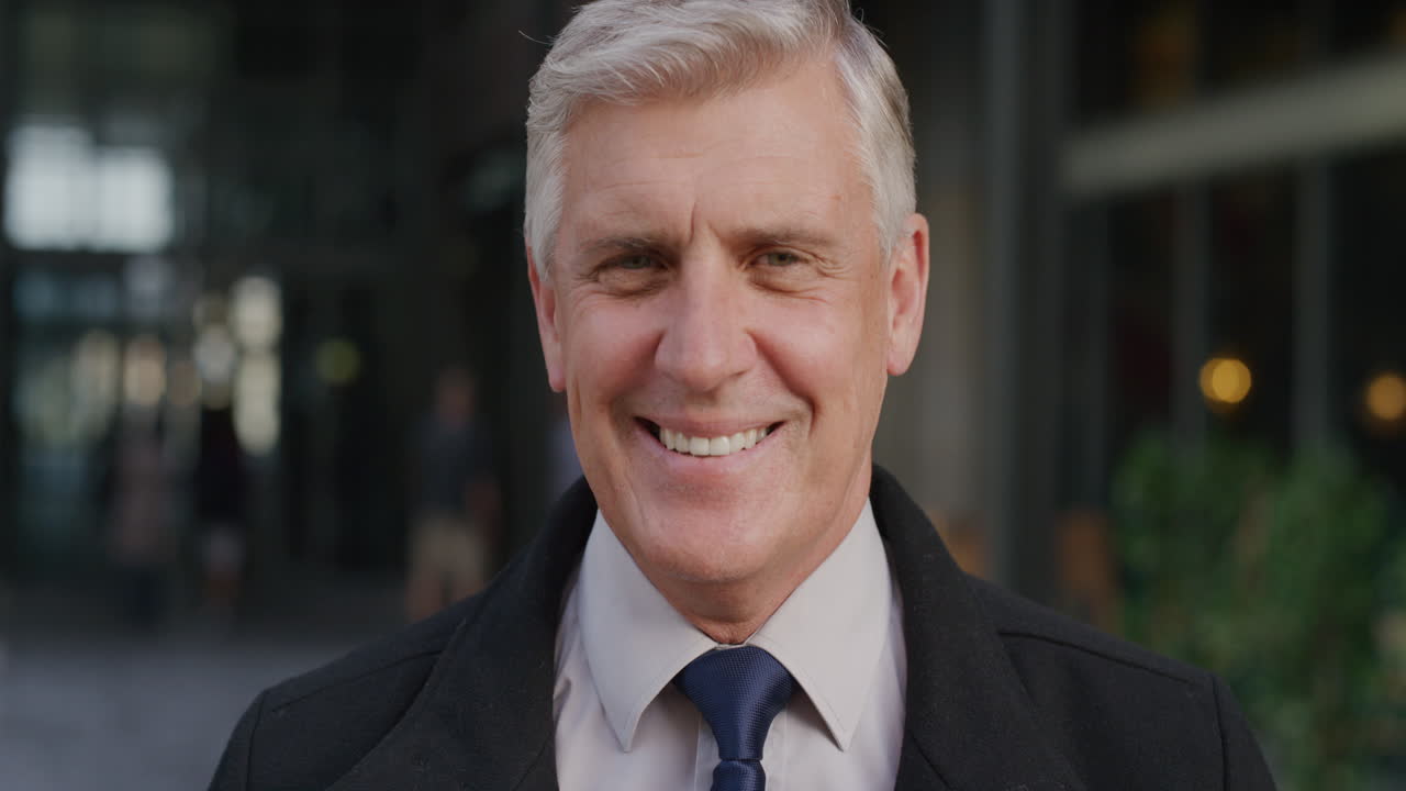 retrato feliz ejecutivo ejecutivo de negocios se ríe disfrutando de estilo de vida urbano profesional exitoso empresario maduro en la ciudad cámara lenta