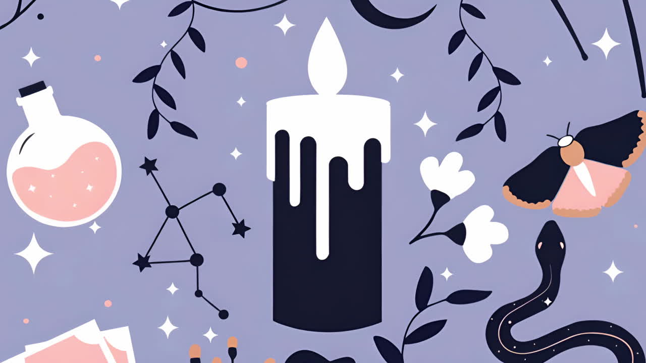 Mystical Occult Illustration with Candles, Potions, and Celestial Elements