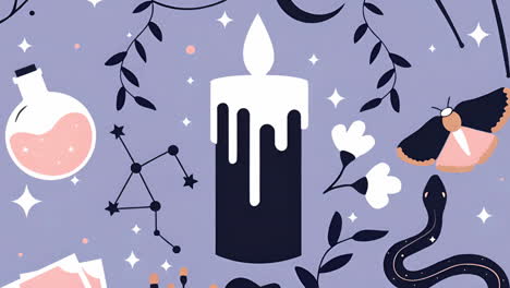 mystical occult illustration with candles, potions, and celestial elements