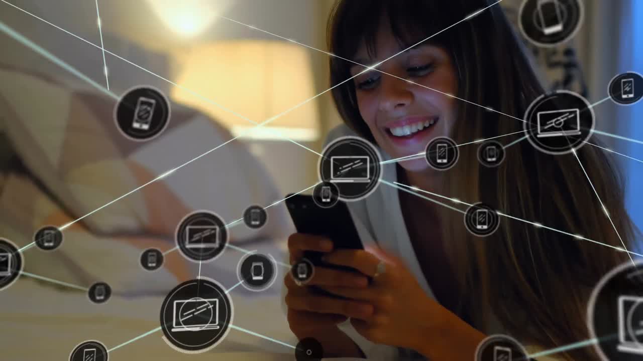 animación de una red de conexiones con iconos sobre una mujer caucásica usando un teléfono inteligente