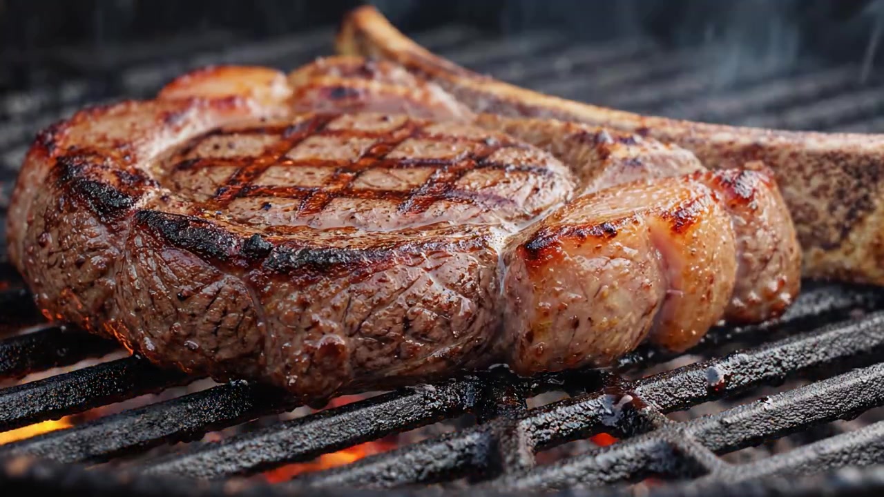 Sizzling Perfection: A Succulent Tomahawk Steak Grilling to Juicy Greatness Over a Fiery Charcoal Flame, Creating Unforgettable Flavors in Every Bite