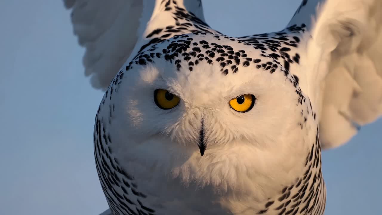 En snöuggla fångad mitt i flykten mot en klarblå himmel, med en frontal kameravinkel