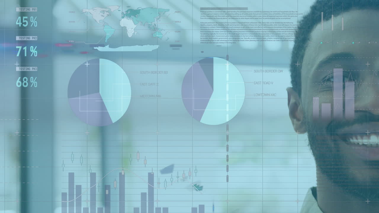 animación de la interfaz infográfica sobre el retrato de un hombre afroamericano sonriente de pie en la oficina