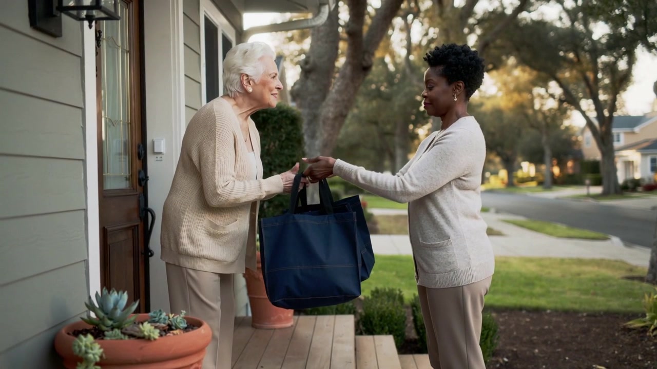 Approaching visitor bringing groceries in navy-blue bag to homeowner on porch near planters