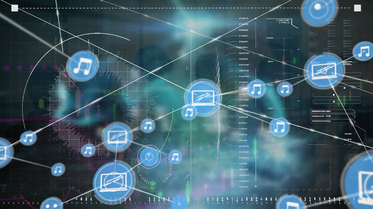 animación de una red de iconos digitales contra la interfaz con procesamiento de datos en fondo azul.