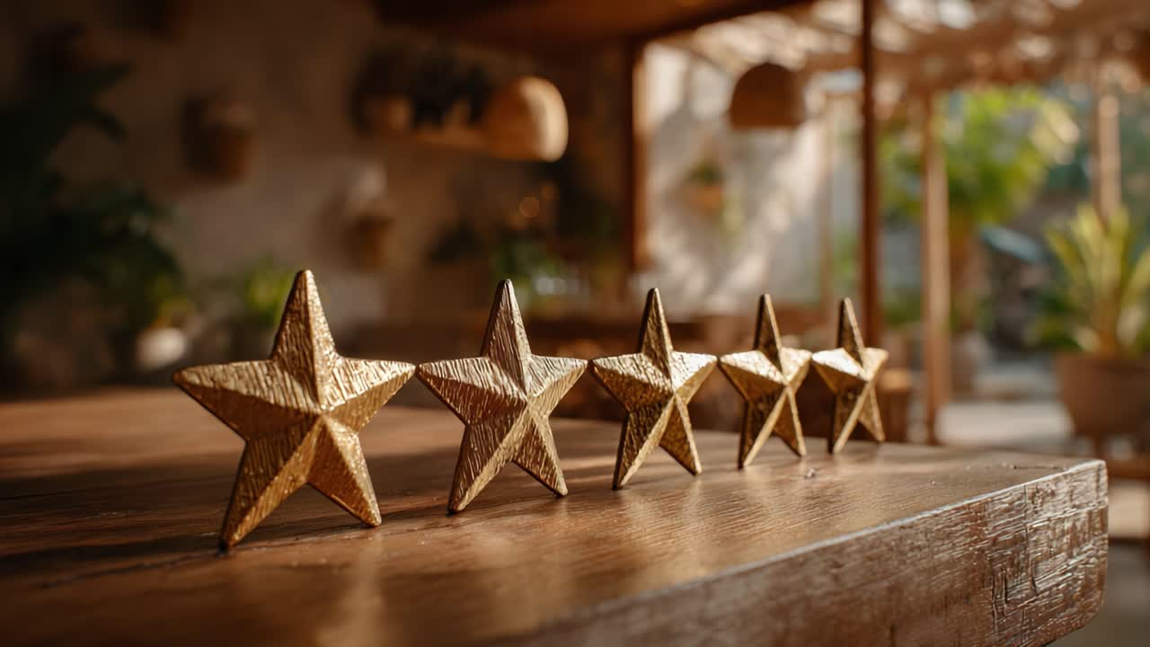 A Row of Gleaming Golden Stars on a Rustic Wooden Table, Capturing the Warmth and Beauty of Stylish Home Decor in a Brightly Lit Interior Setting