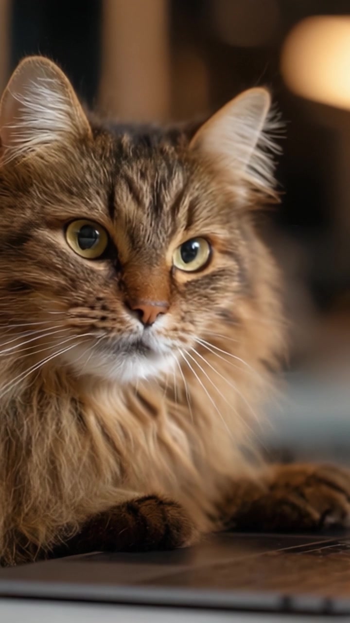Adorabile primo piano di un gatto soffice con sorprendenti occhi verdi e una splendida texture del pelo, catturato in due fotogrammi di giocosità e serenità