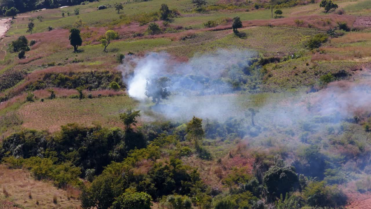 Aerial view of forest land in Haiti where vegetation is being burned to produce charcoal, with visible smoke rising from ground, showing environmental damage, land clearing and rural landscape