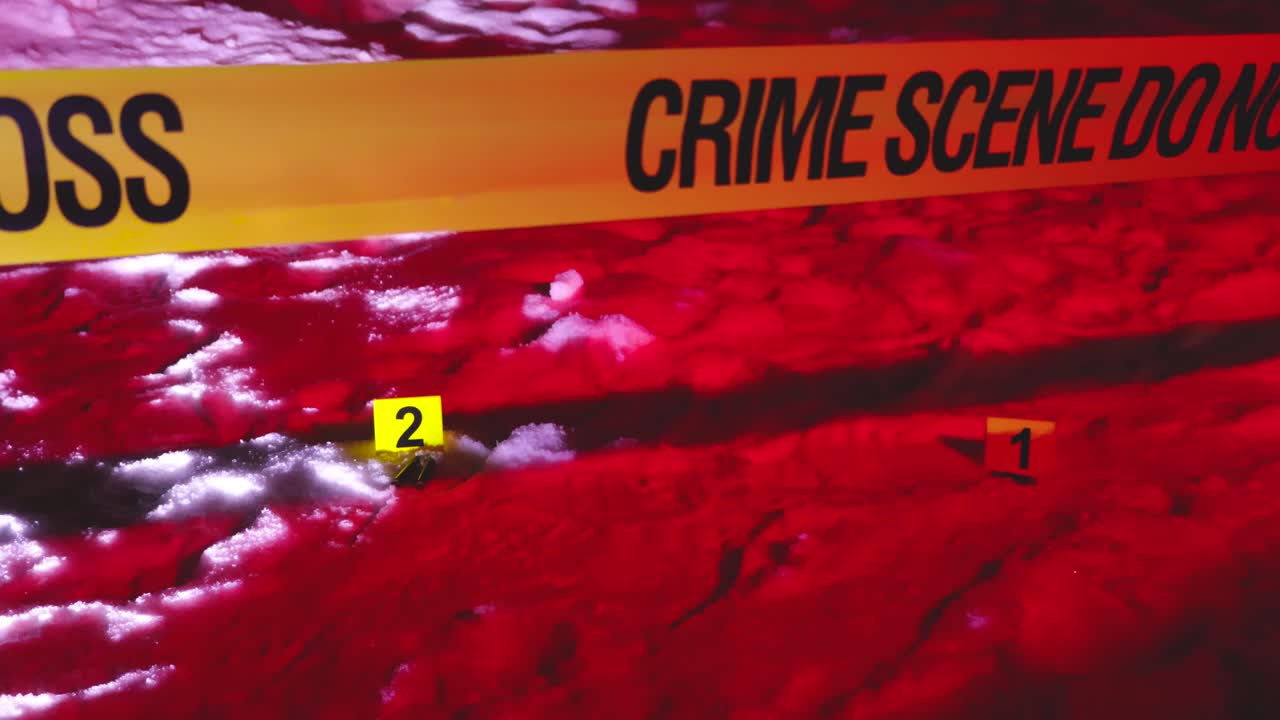 Night winter crime scene with yellow police tape, numbered evidence markers and ammunition in snow illuminated by flashing red and blue emergency lights