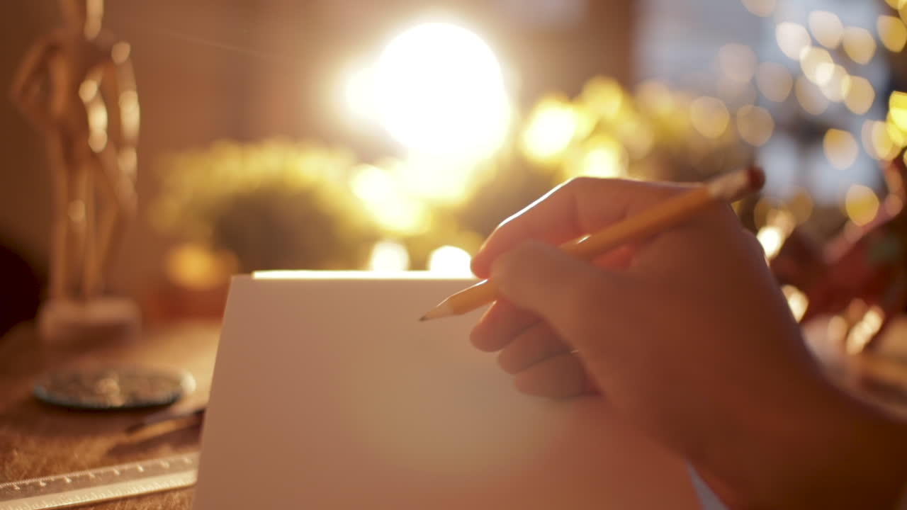 Artist hand drawing in warm sunset desk with soft-focus in the background
