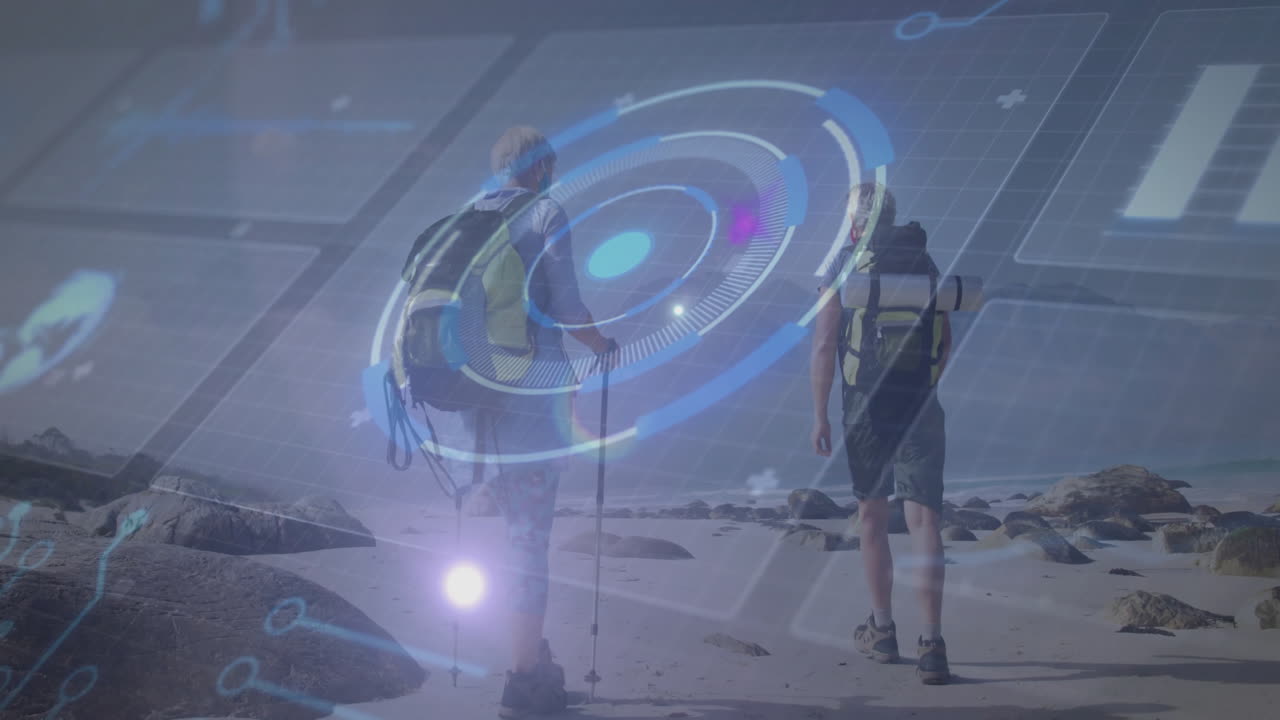 Hiking partners trekking along rocky shore, tech HUD showing moving circular charts and data grid