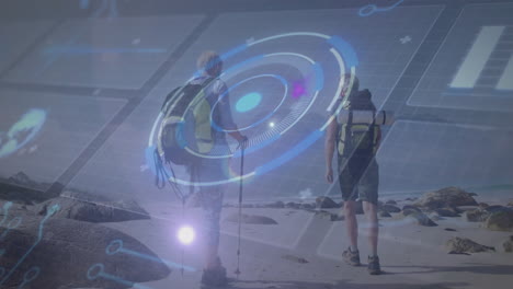hiking partners trekking along rocky shore, tech hud showing moving circular charts and data grid