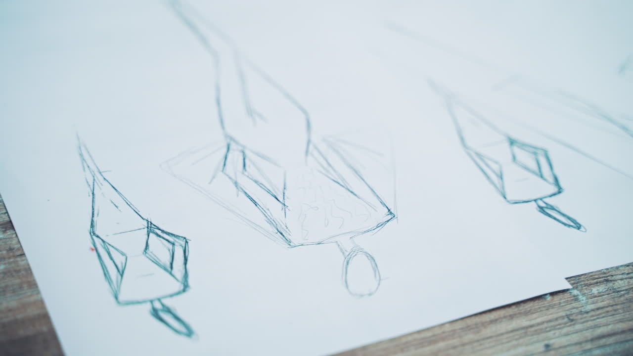 Different stylish sketches of clothes on the sheets of papers lying on the table. A lot of creative works of a fashionable designer painted on papers.