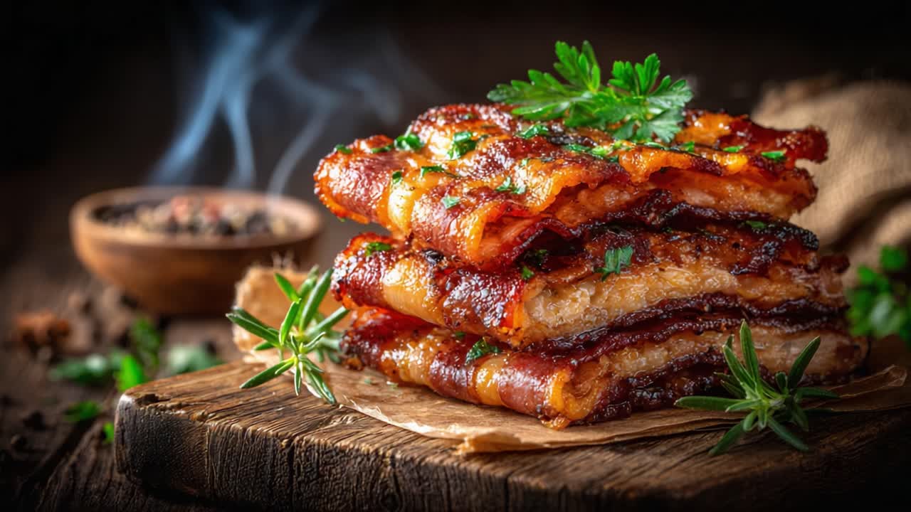 Deliciously Crispy Pork Belly Stacked High on a Rustic Wooden Board, Featuring Fresh Herbs and a Mystical, Smoke-Filled Background