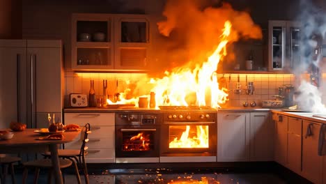 a kitchen with a fire burning in the middle of it