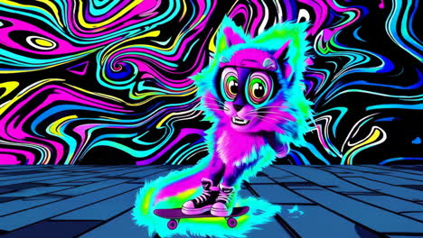 psychedelic neon cat skateboarding