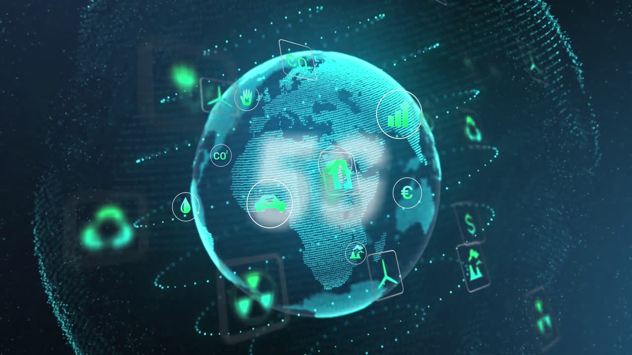 Animation of network of connections with eco icons over globe