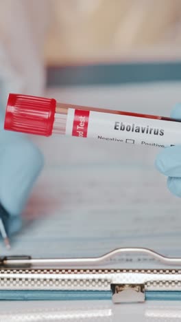 doctor examining blood test tube labeled ebolavirus in a medical laboratory