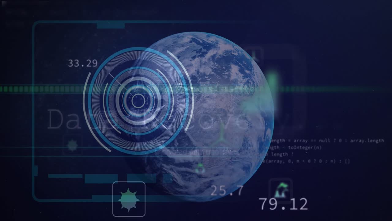 animación del círculo de procesamiento, los datos y el globo sobre fondo negro