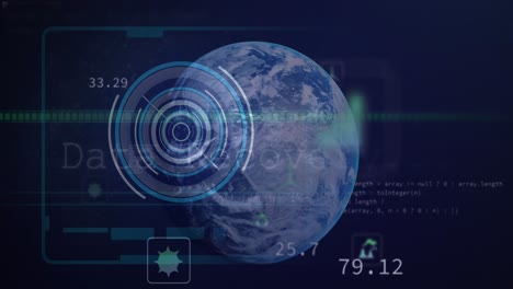 Animation-of-processing-circle,-data-and-globe-on-black-background