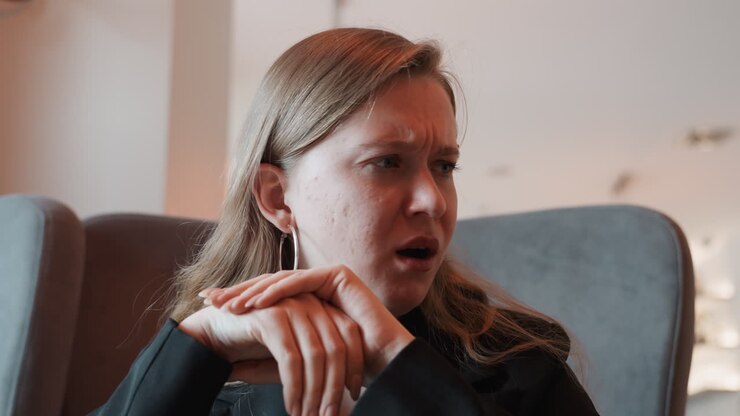 Donna che si copre il viso dopo uno starnuto. Un personaggio manager si strofina gli occhi, tossisce, si asciuga le lacrime, alza le mani esasperata. Sequenza ravvicinata in una lounge interna che mostra irritazione e frustrazione.