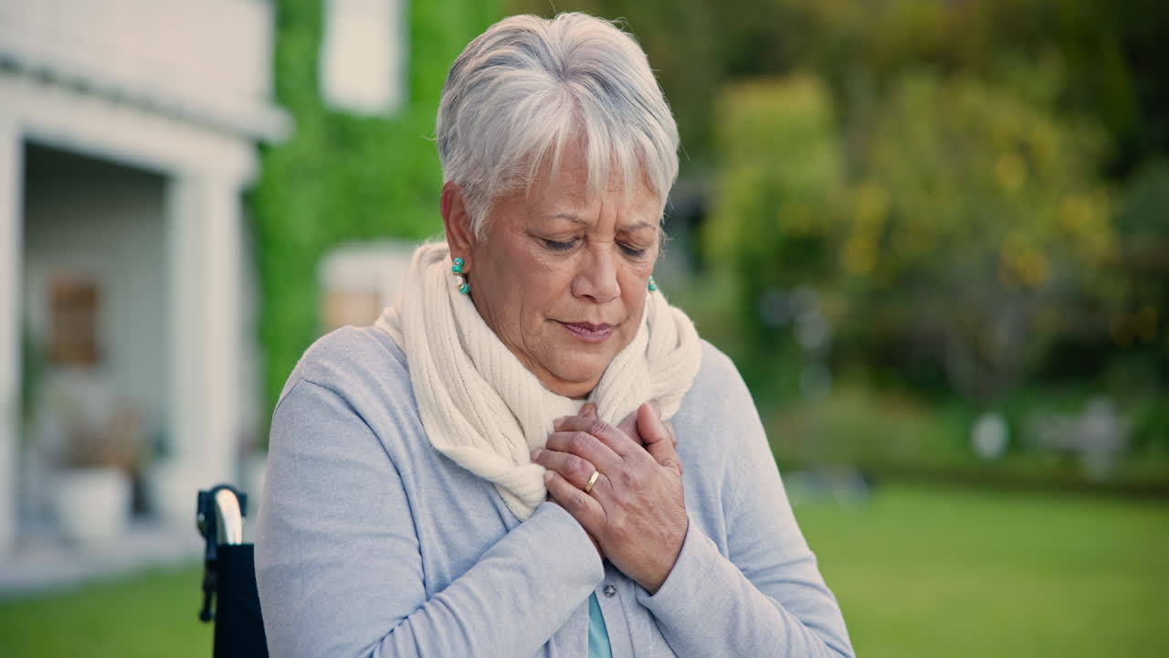 Chest pain, park and senior woman in wheelchair