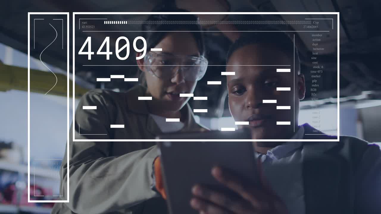 Automotive technicians inspecting vehicle and using tablet activating HUD showing diagnostic codes