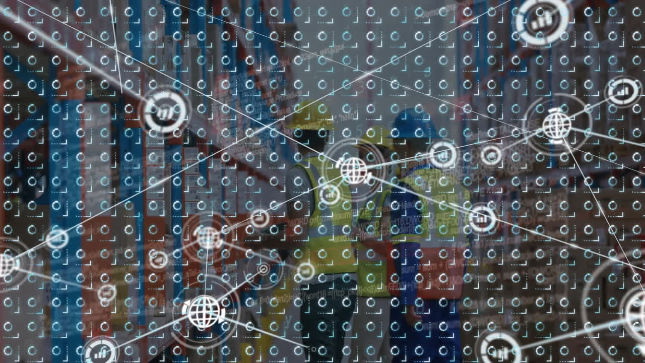 animación de la red de conexiones sobre filas de patrones móviles y personas que trabajan en el almacén