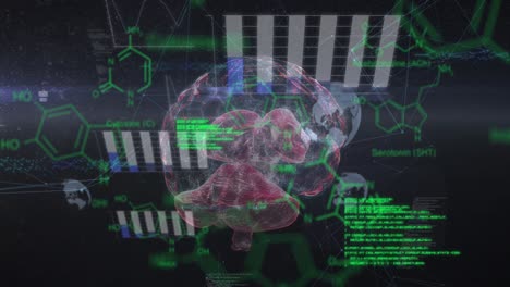 animación de fórmulas químicas y procesamiento de datos sobre un cerebro giratorio sobre un fondo negro