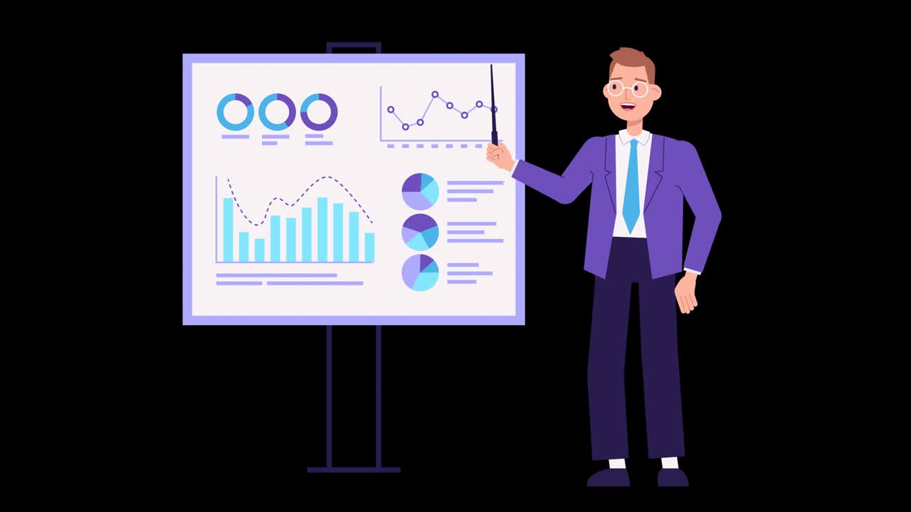 male character animation with ALPHA channel. speaker pointing at presentation on board with graphs chart during business seminar. Office worker showing report with pointer. flip chart, mouth narration
