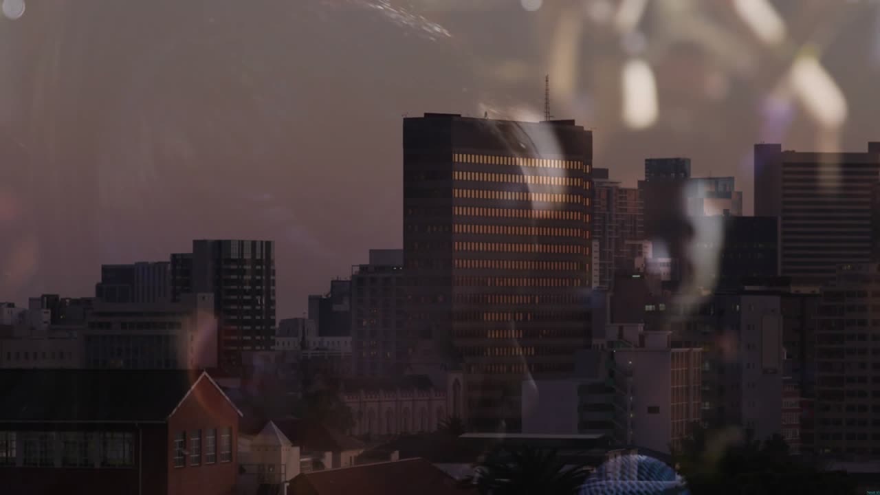 singer performing on stage initiating blending of performance and urban skyline in music montage