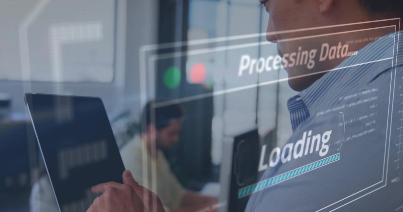 Holding tablet, man with data processing and loading animation over office background