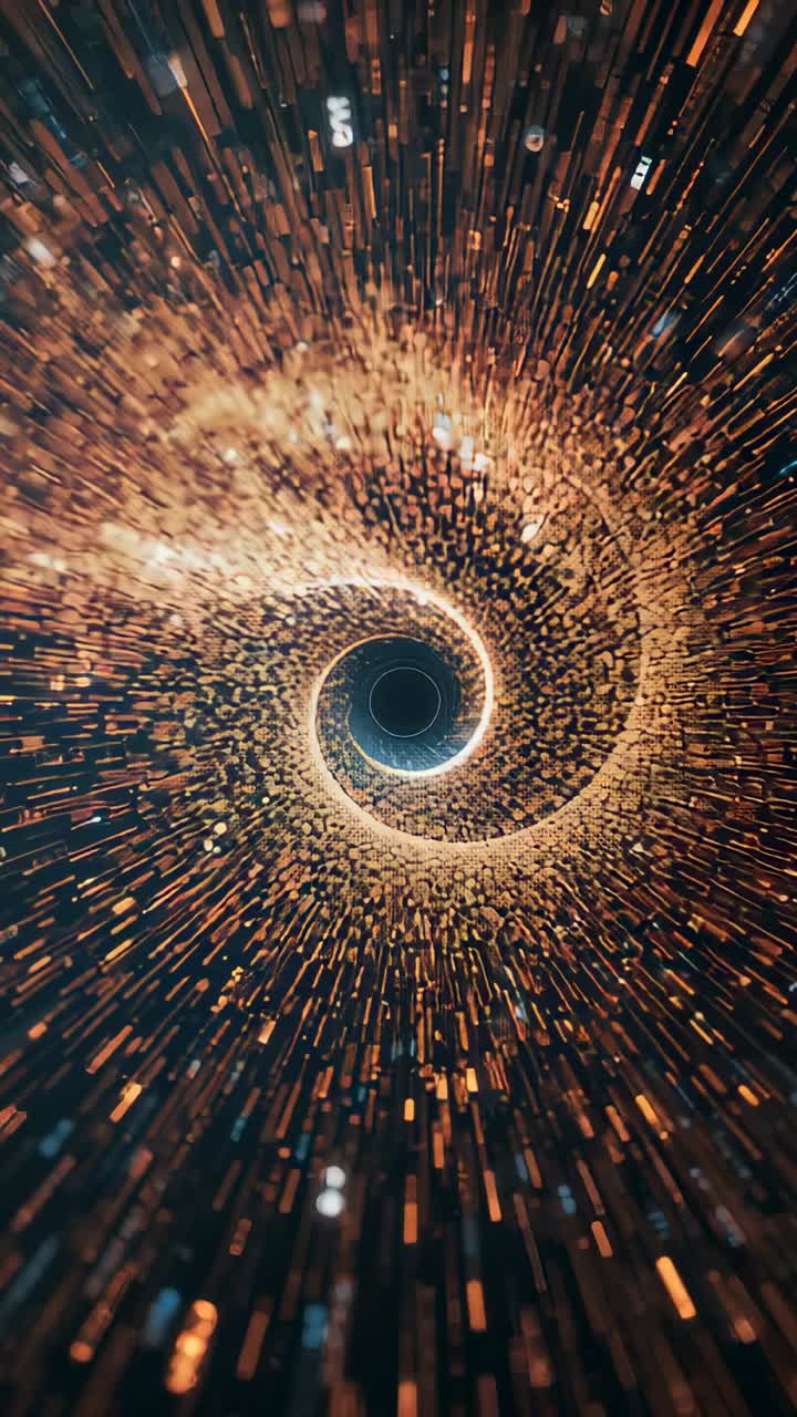 Vertical video: Spiraling particle vortex moving after cam push in tunnel, amber streaks, blue ring