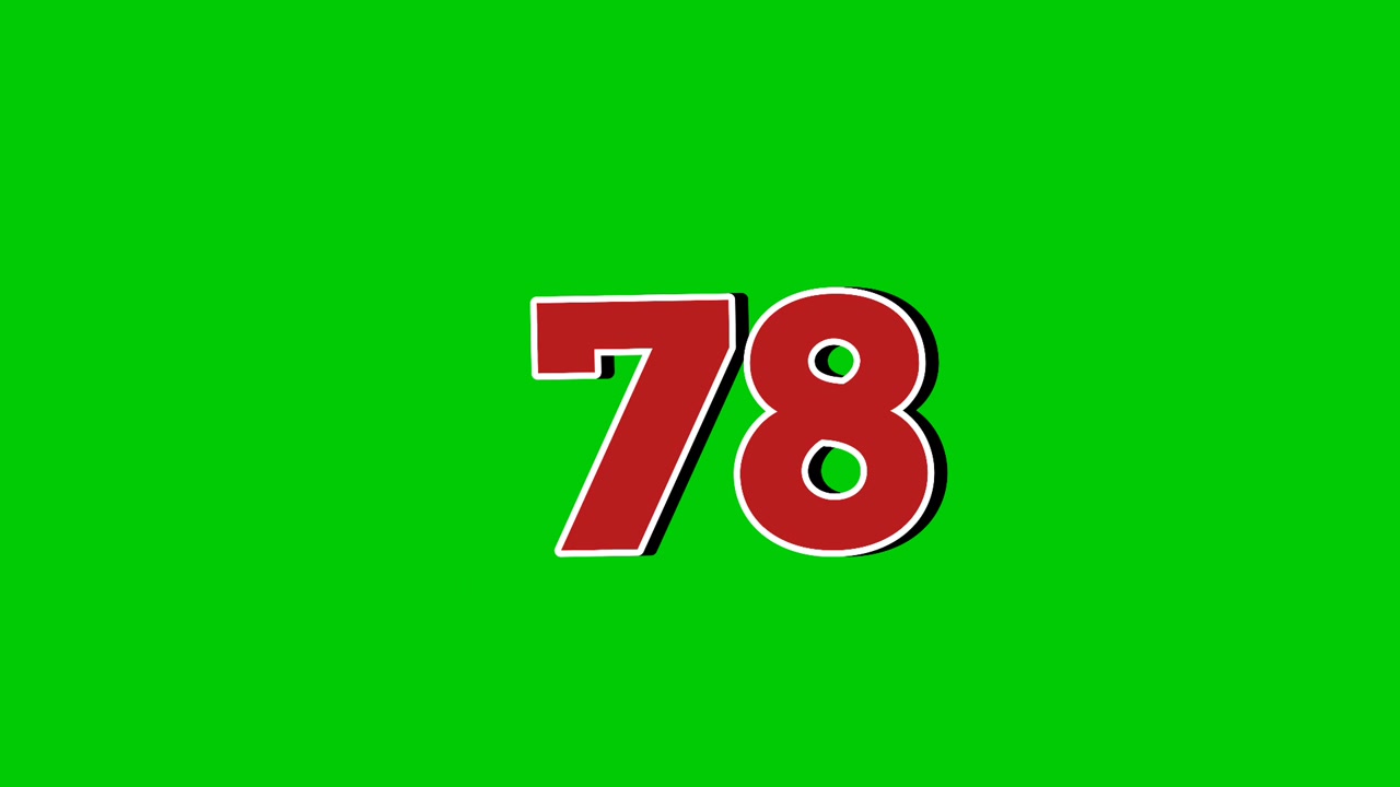 Animazione del simbolo numero 78, grafica in movimento in stile cartone animato su sfondo green screen. Elementi video con effetti di fumo del numero rosso.