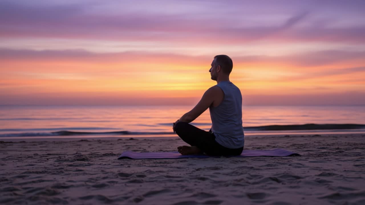 Tranquil Meditation at Sunset: A Journey of Inner Peace on the Beach with Vibrant Colors Reflecting on Water
