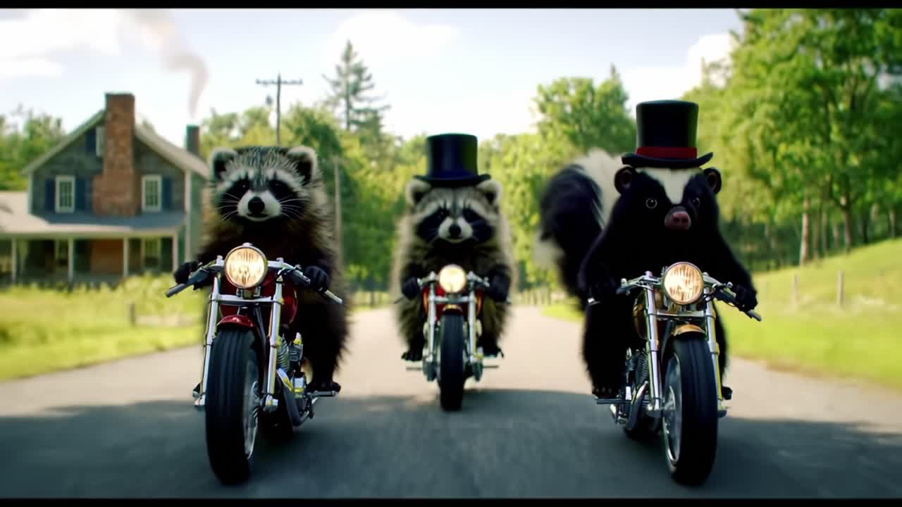 Adventurous Raccoons and a Bold Skunk Ride Motorcycles in Stylish Top Hats along a Scenic Country Road, Showcasing Their Playful Spirit and Freedom